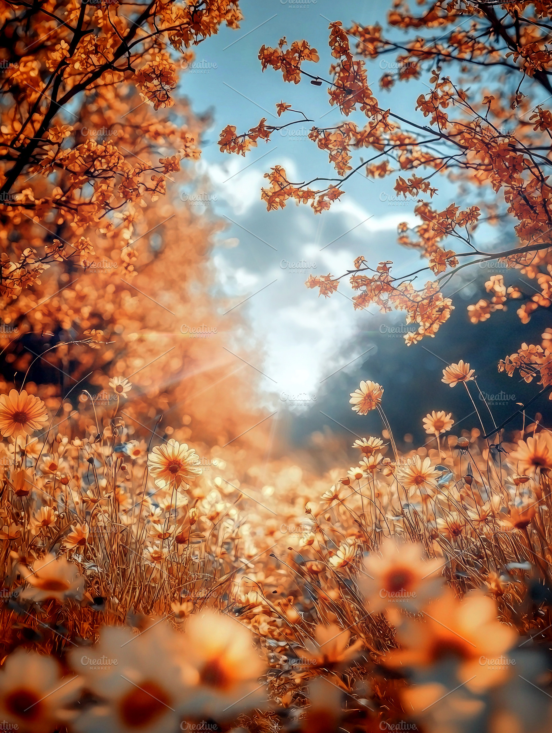 Golden daisy meadow glowing in soft sunlight with autumn-colored, a Nature Photo by José Manuel Gelpi