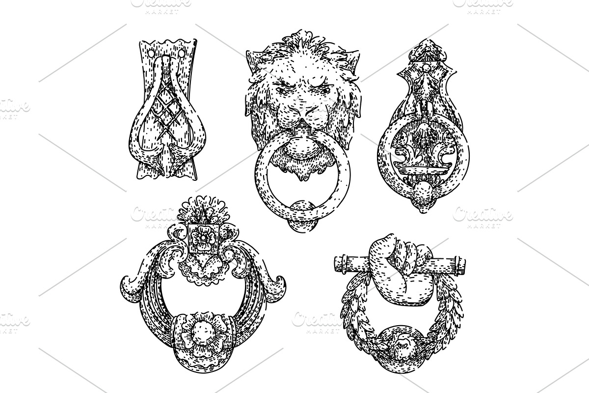 iron door knocker set sketch hand, an Illustration by pikepicture