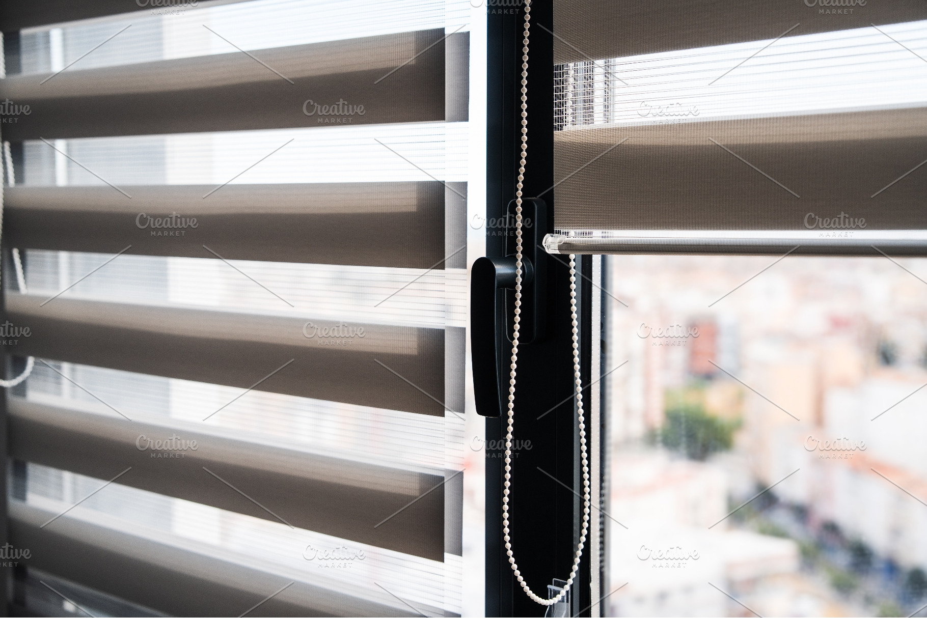 Close-up of zebra roller blinds, an Architecture Photo by volodymyrshtun13795
