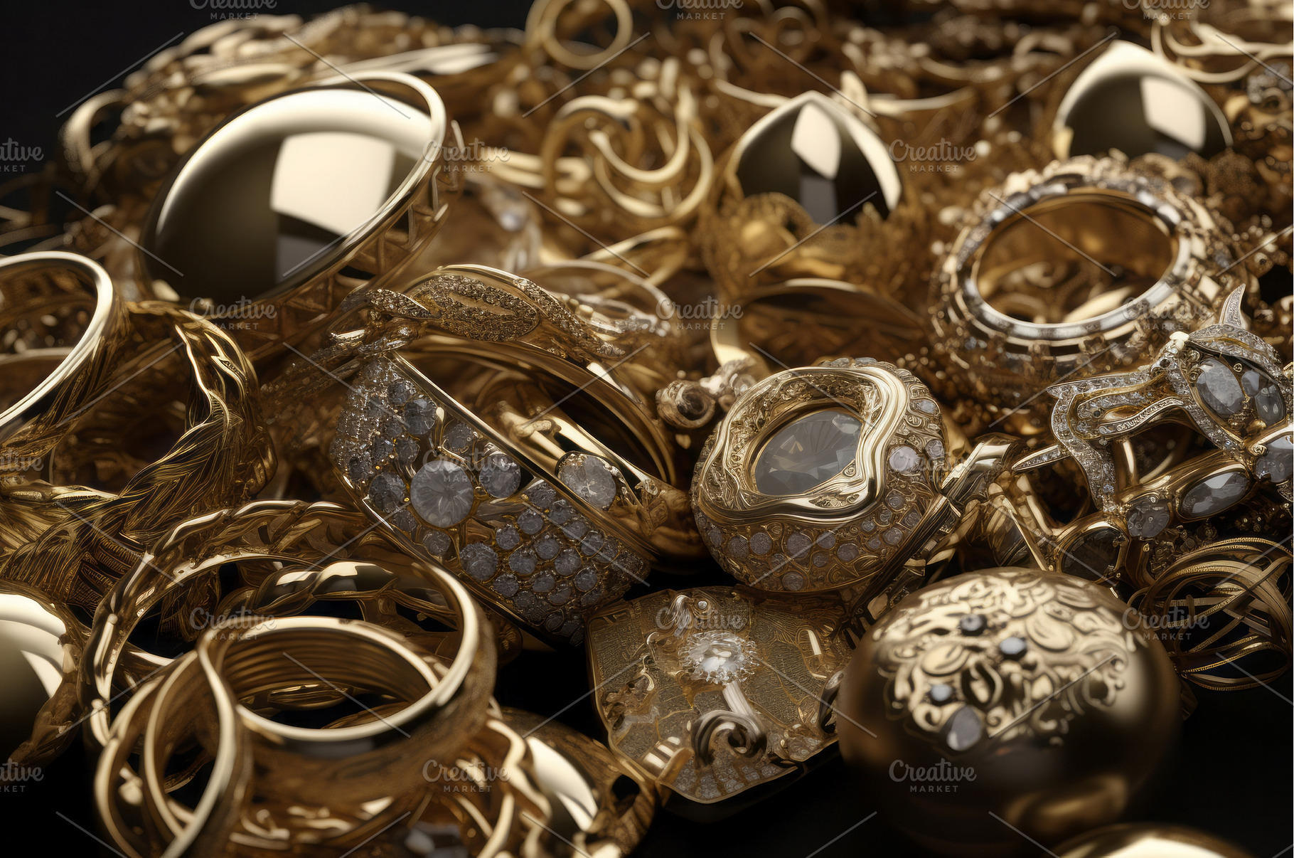 Gold jewelry pile. Generate ai, a Beauty & Fashion Photo by Ylivdesign