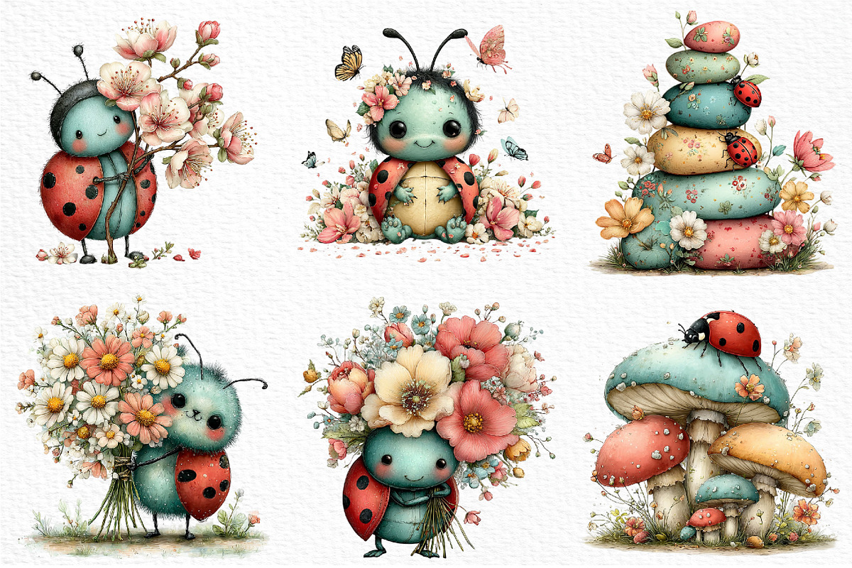 Whimsical Ladybug Spring Set Clipart, an Illustration by Craft Nest (Photo 3 of 12)