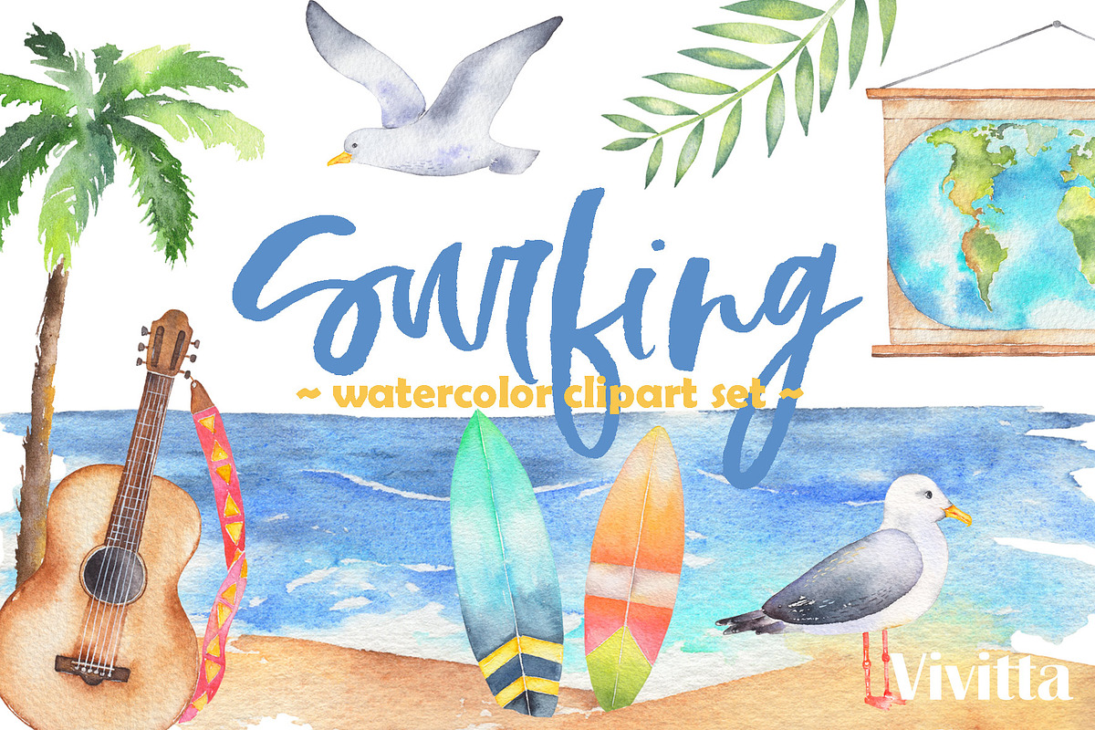 Surfing watercolor clipart set, a Texture Illustration by Vivitta (Photo 1 of 5)