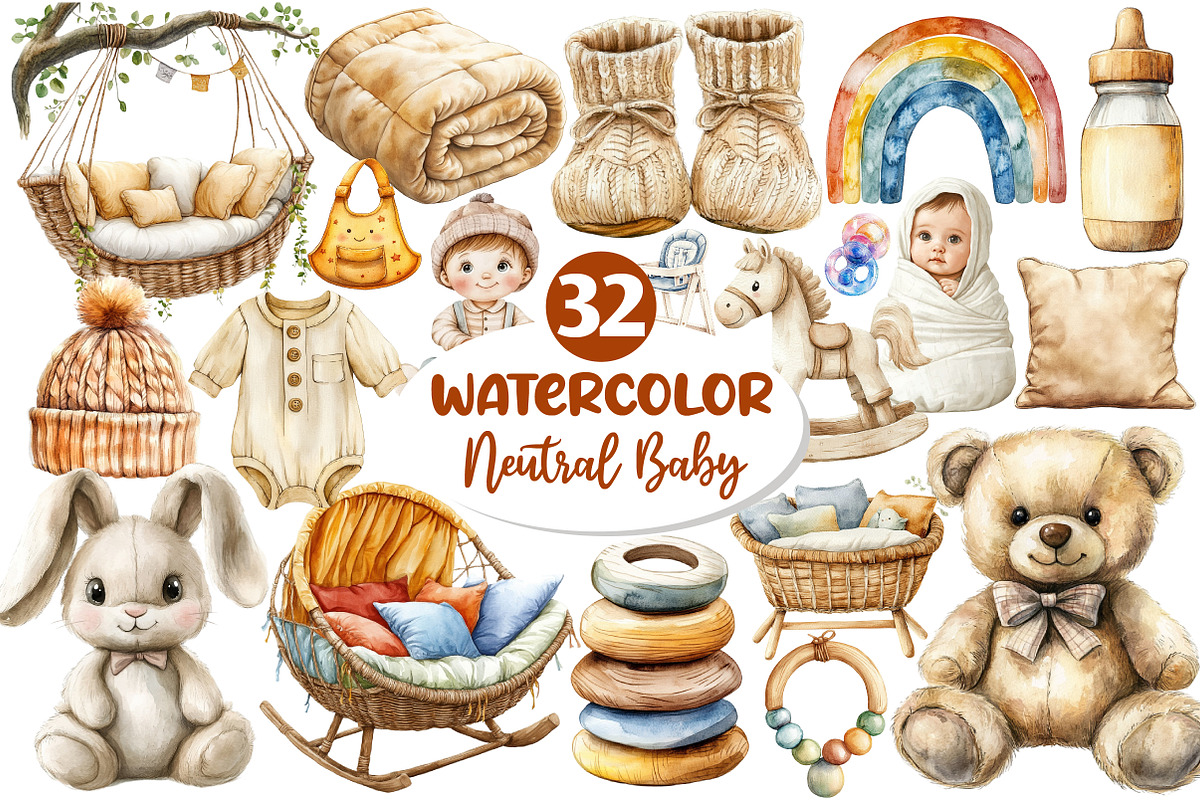 Neutral Baby Watercolor Clipart, an Illustration by Dream Creation (Photo 1 of 9)
