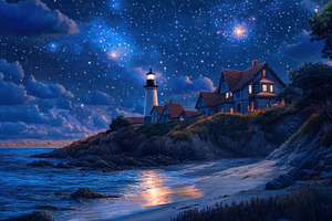 Nighttime coastal village with a glo, a Photo by Iftikhar Alam