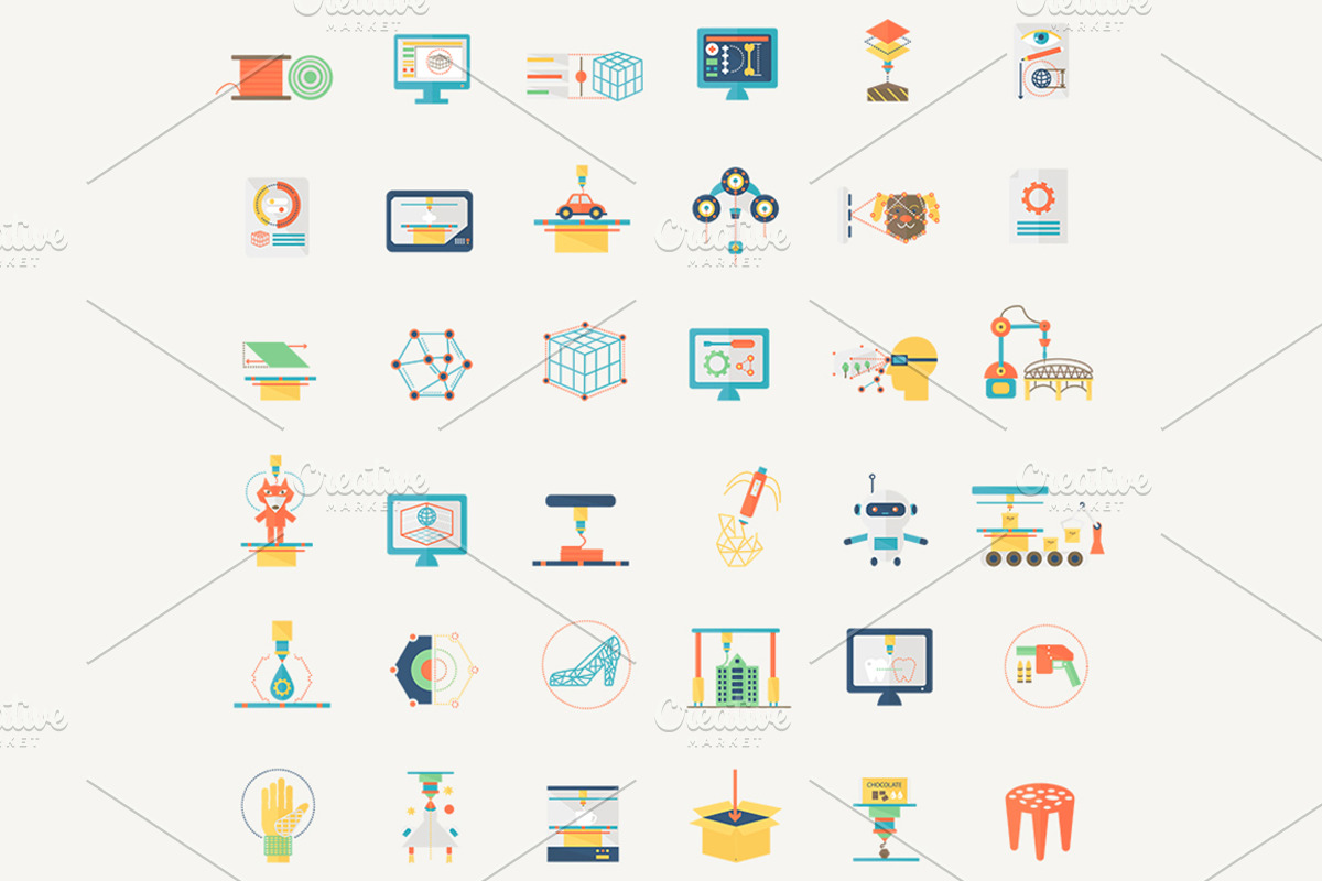 3D printing modeling flat icons set, an Outline Icon by Lemberg Vector
