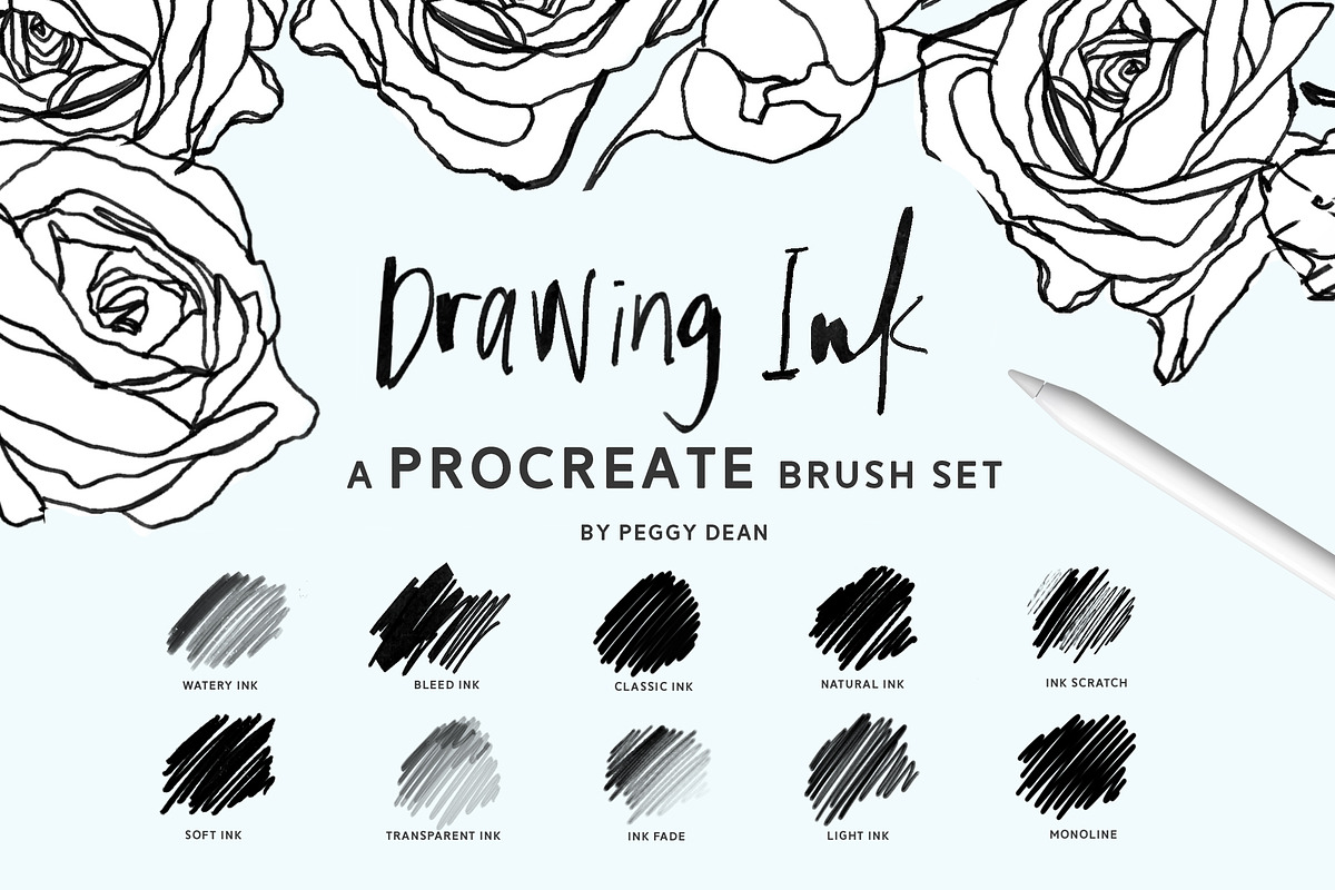 10 Drawing Ink Procreate Brushes, a Brush Add-On by The Pigeon Letters - Main Image