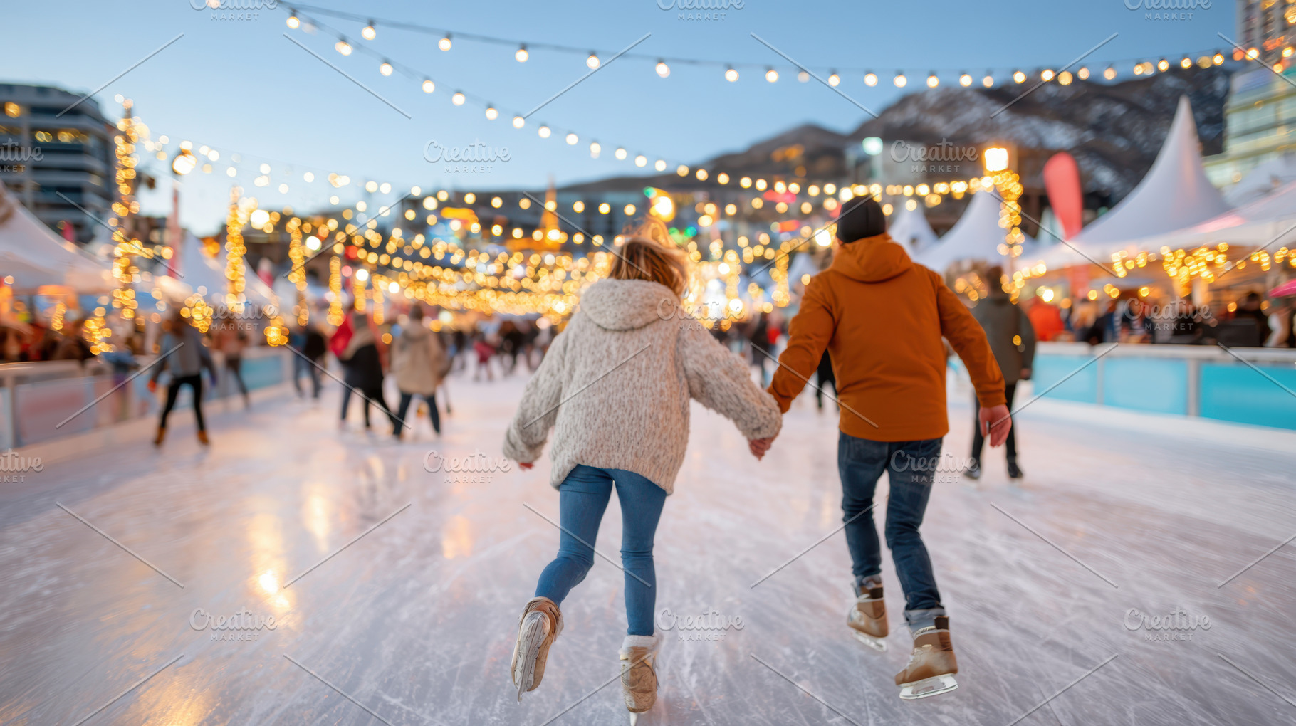 Couple ice skating at a festive outdoor rink, an Arts & Entertainment Photo by AlyaAnd