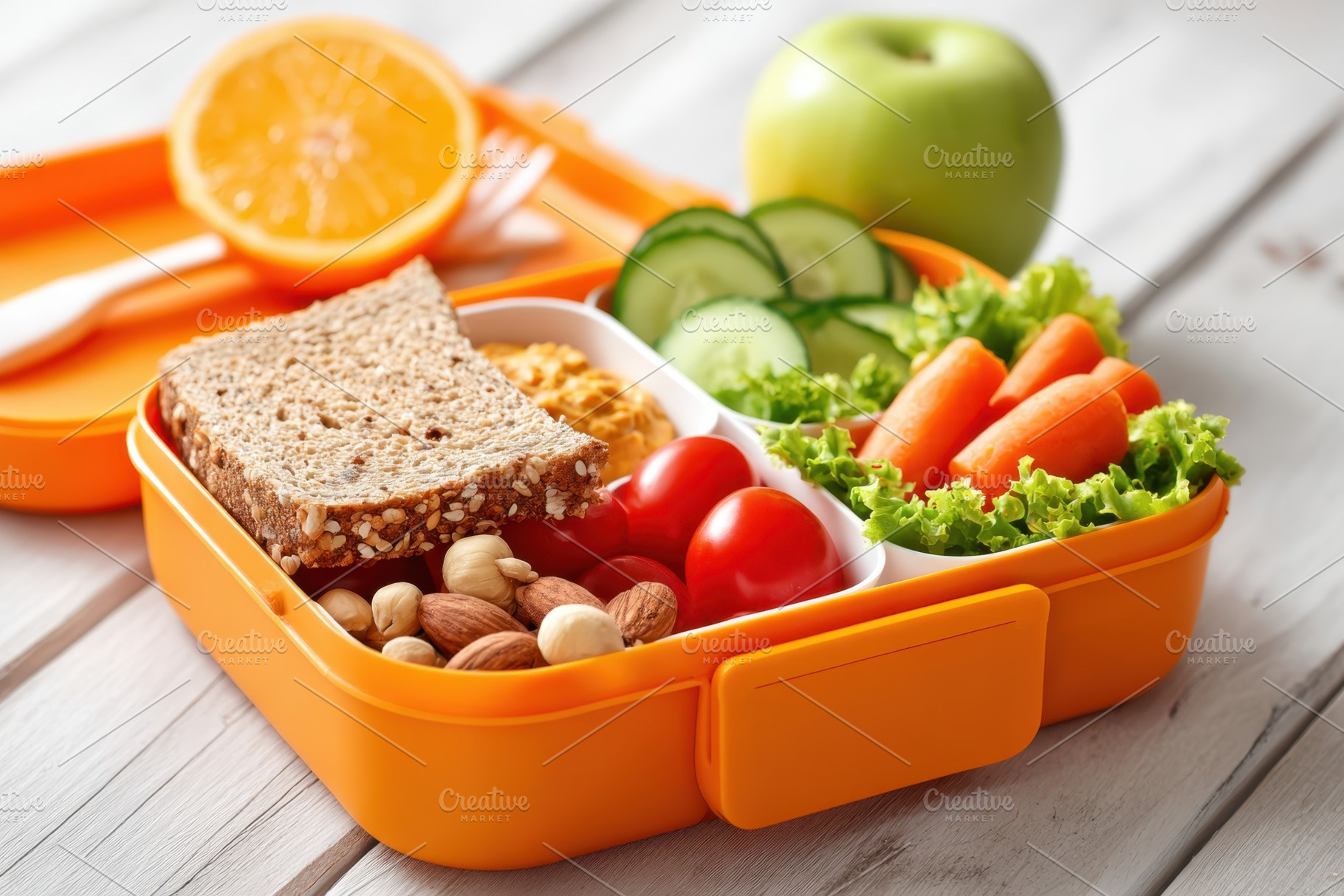 Colorful healthy lunchbox with fresh fruits and vegetables, a Food & Drink Photo by AlyaAnd