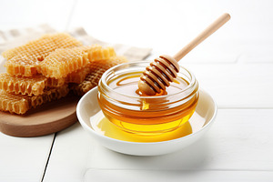 Honey in glass bowl and wooden dipper on white background, a Food & Drink Photo by AlyaAnd