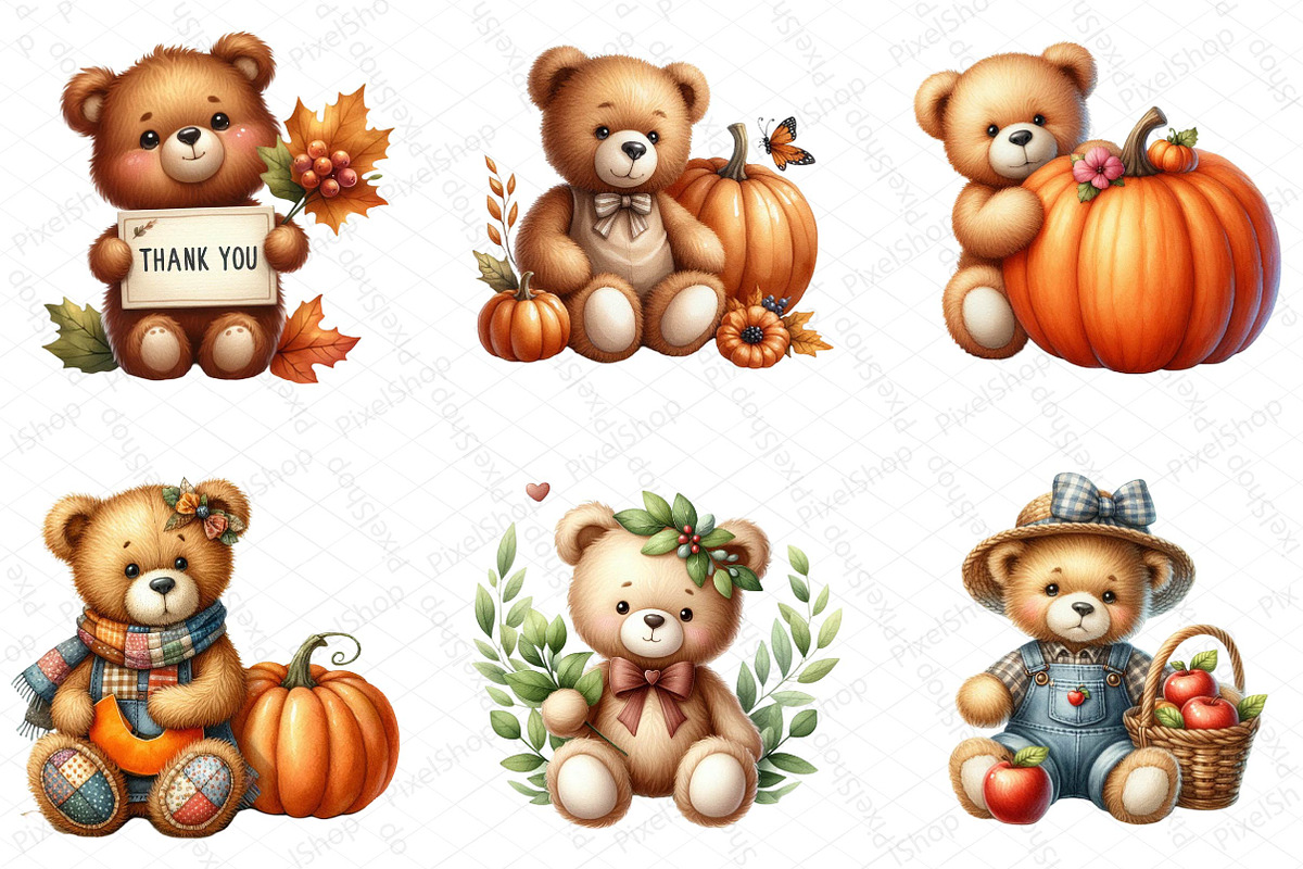 Watercolor Autumn Teddy Bear Clipart, an Illustration by DreamPrint404 (Photo 6 of 6)