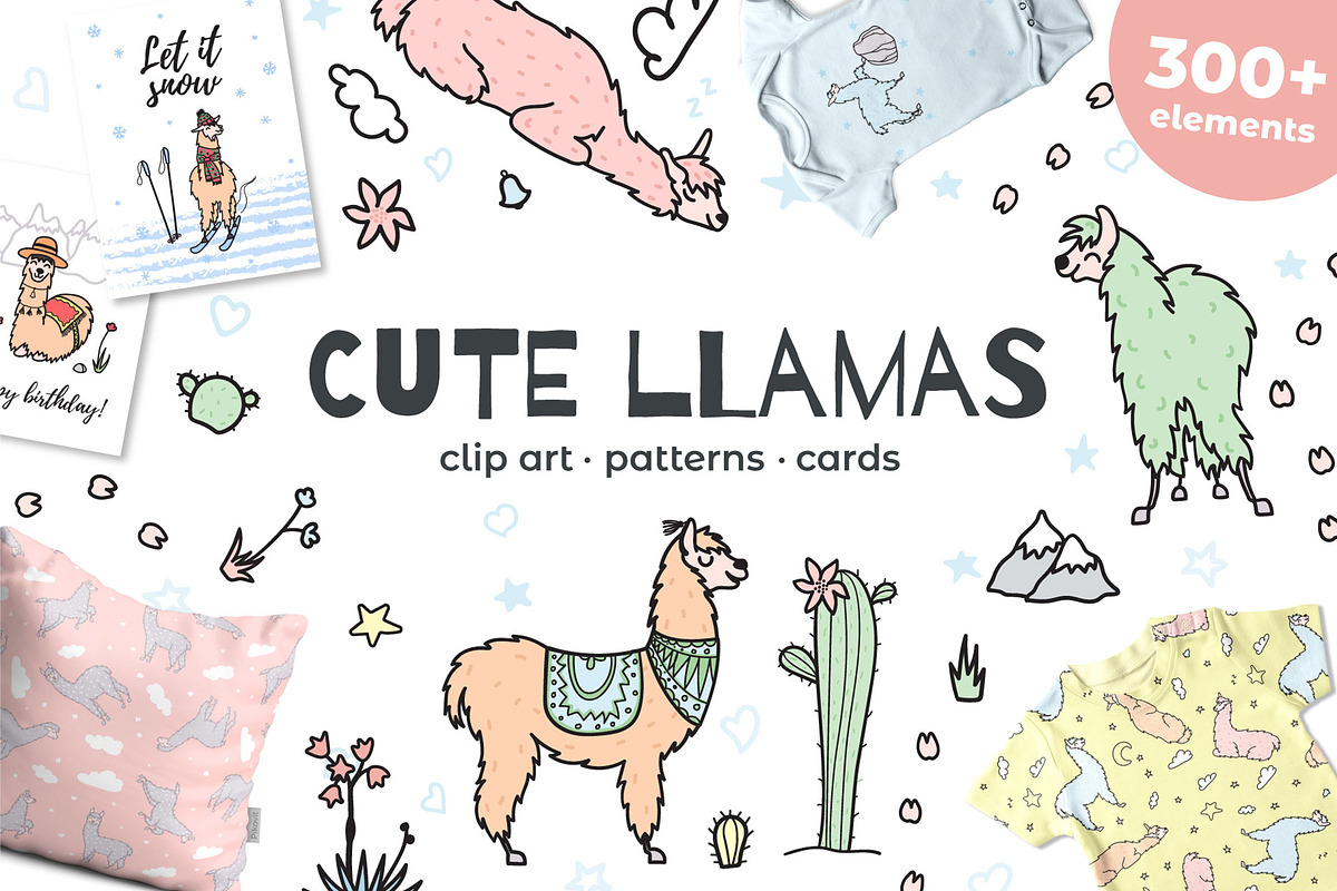Cute llamas: big clipart&pattern set, an Animal Illustration by Pikovit (Photo 1 of 11)