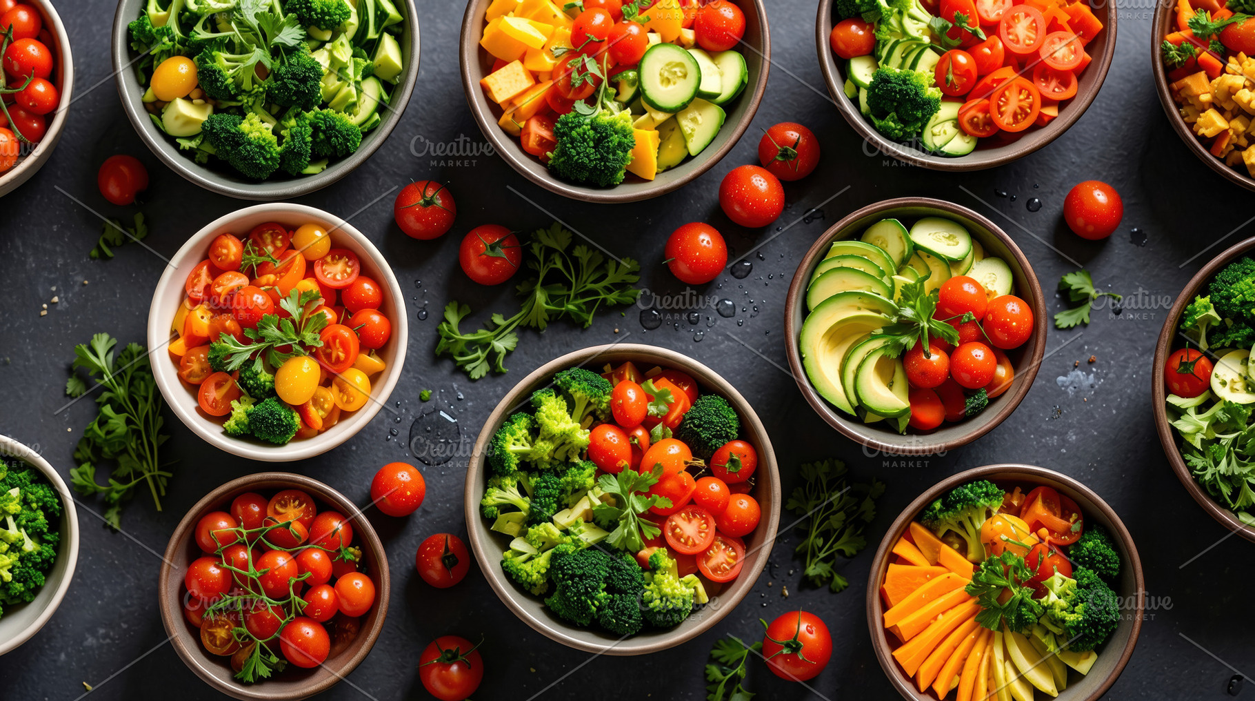 Colorful Healthy Vegetable Bowls Overhead, a Food & Drink Photo by Davizro's Market