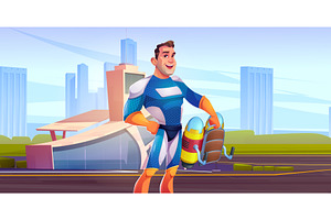 Cartoon superhero man with jetpack, a Person Illustration by art PVP - market