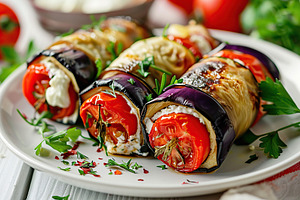 Rolled up eggplant stuffed with cheese and tomatoes in plate, a Food & Drink Photo by AlyaAnd