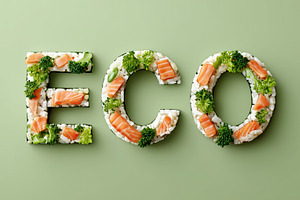 Word ECO made of salmon, rice and, a Food & Drink Photo by MistyDay