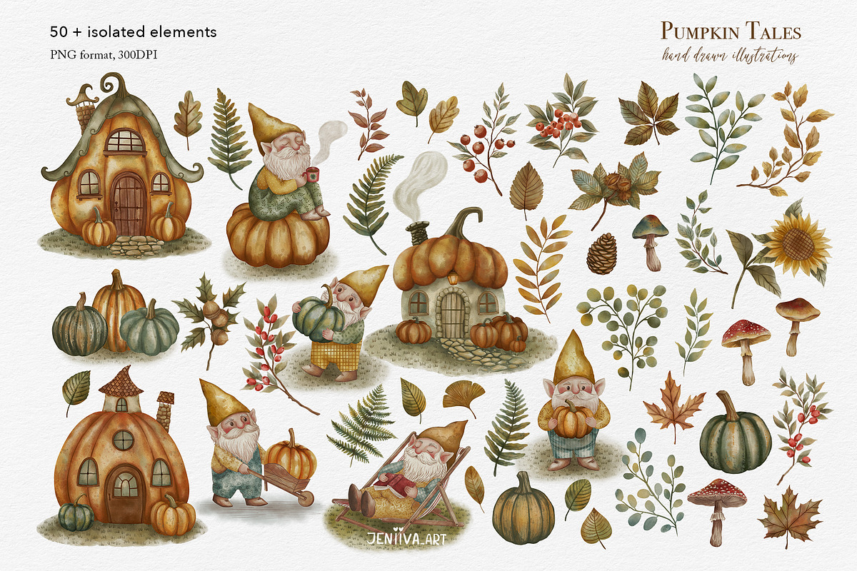 Cozy Autumn Gnomes & Pumpkin Clipart, a Decorative Illustration by Jenny Quince (Photo 2 of 11)