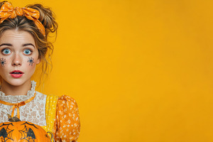 Shocked young woman with spider web face paint holding pumpkin i, a Person Photo by José Manuel Gelpi