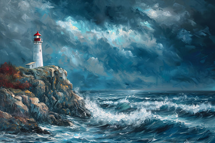 The lighthouse towers over turbulent, a Photo by Tanuart