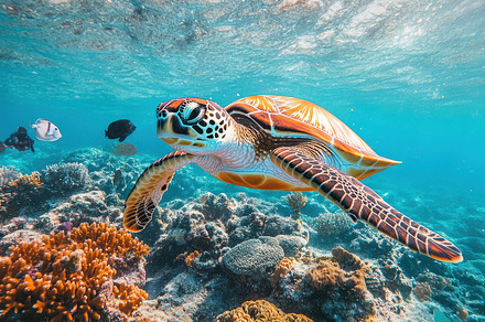 Sea turtle gracefully swims through, a Background Photo by Pixeness