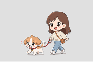 Girl Walking Her Happy Puppy Cartoon, a Person Illustration by Artpon Illustration