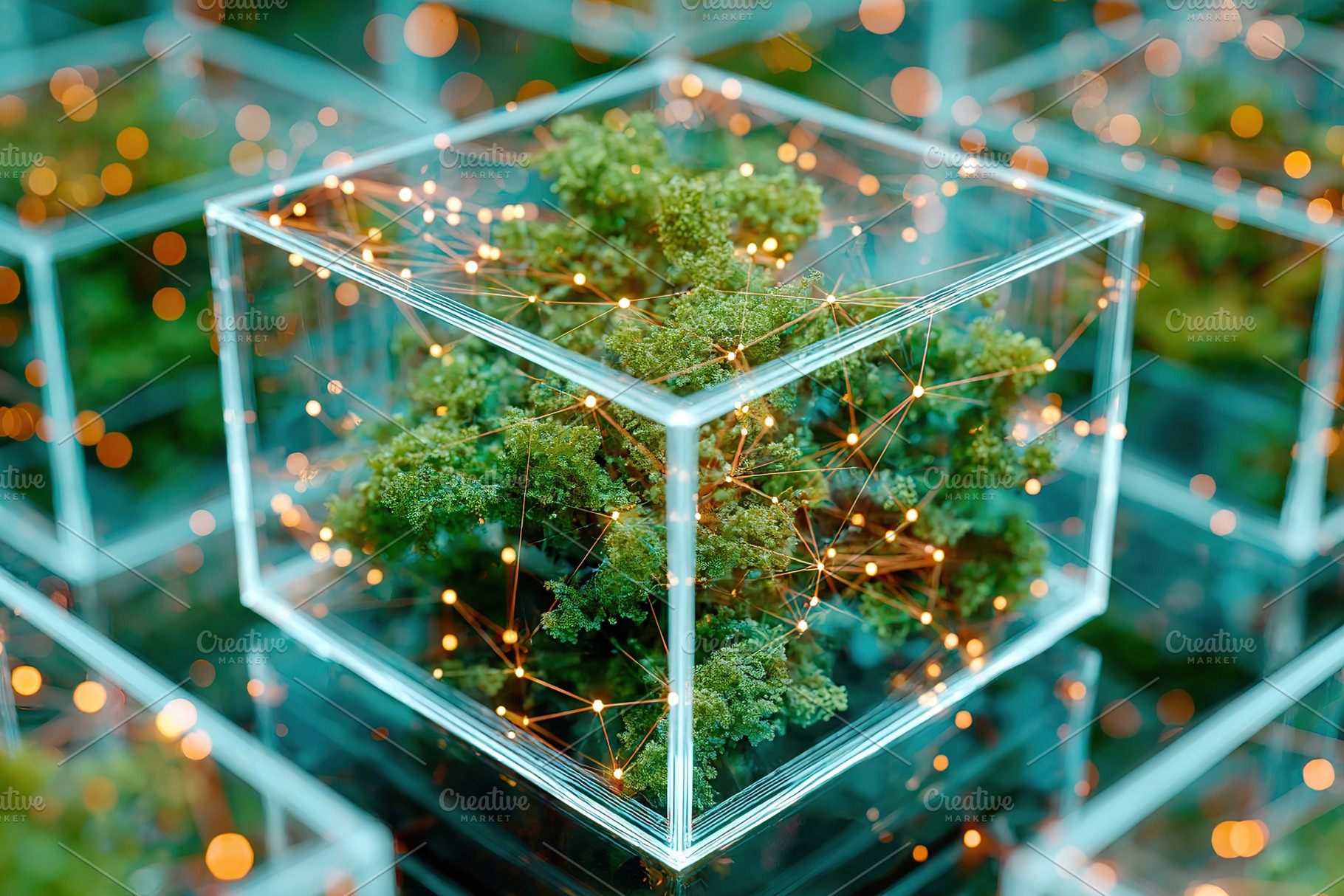 Growing network resembling a plant inside transparent enclosure with glowing co, a Nature Photo by AlyaAnd