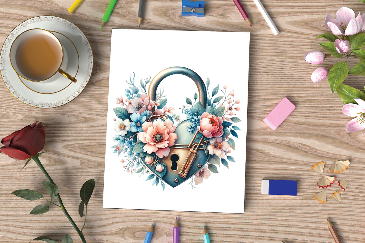 Watercolor Floral Locket Heart Clipa, an Illustration by CraftArtStudio (Photo 3 of 5)