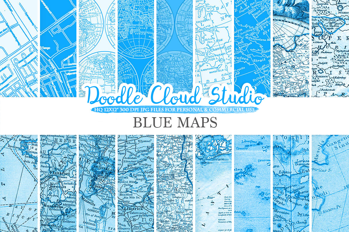 Blue Vintage Maps digital paper, a Pattern Graphic by Doodle Cloud Studio