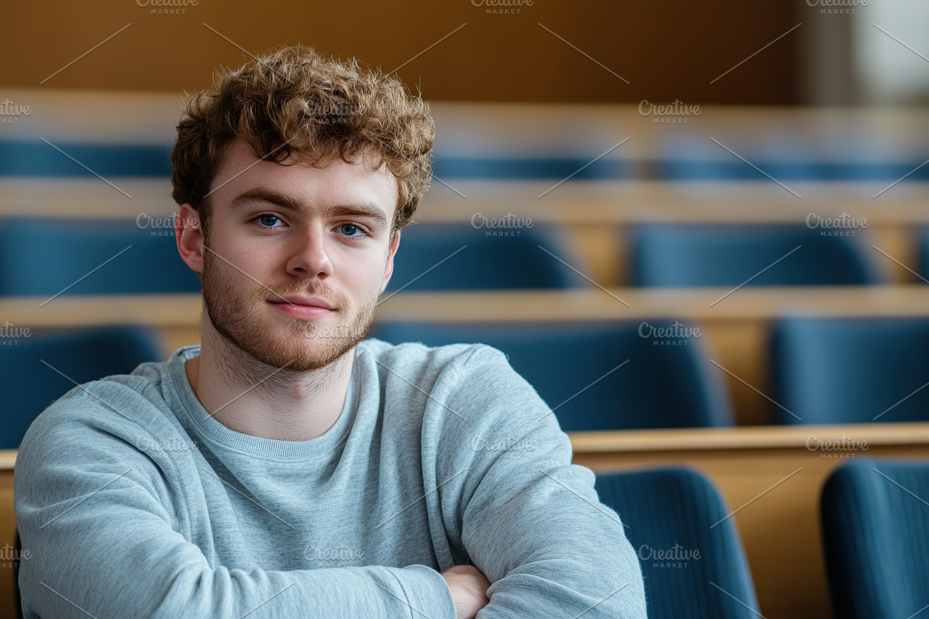 Student listens to a lecture in large auditorium, a Photo by AlyaAnd