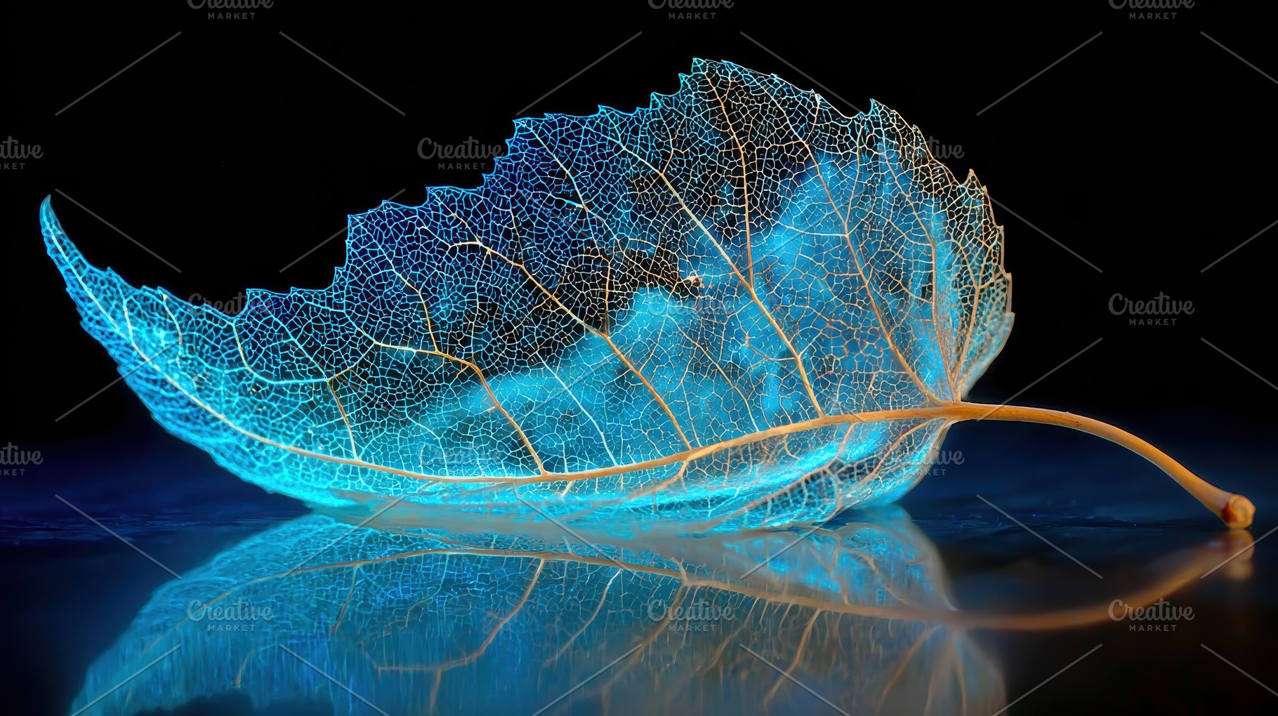 Glowing leaf skeleton nature beauty, a Photo by Pixeness Studio