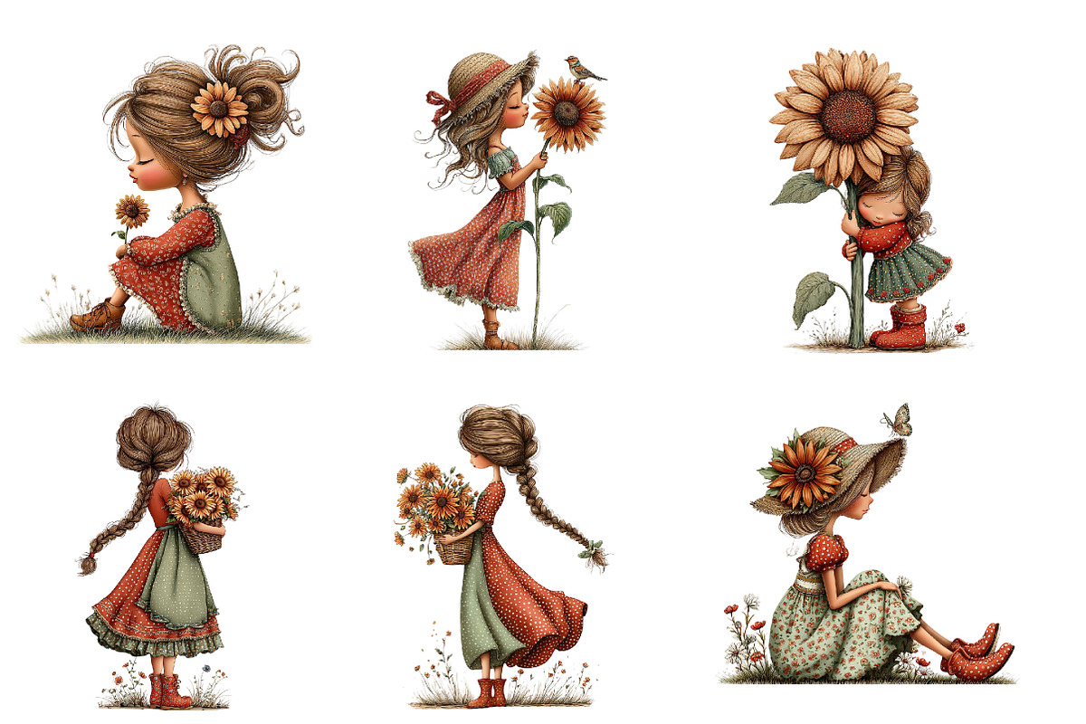 Whimsical Sunflower Girl Clipart, an Illustration by Designworld (Photo 3 of 8)