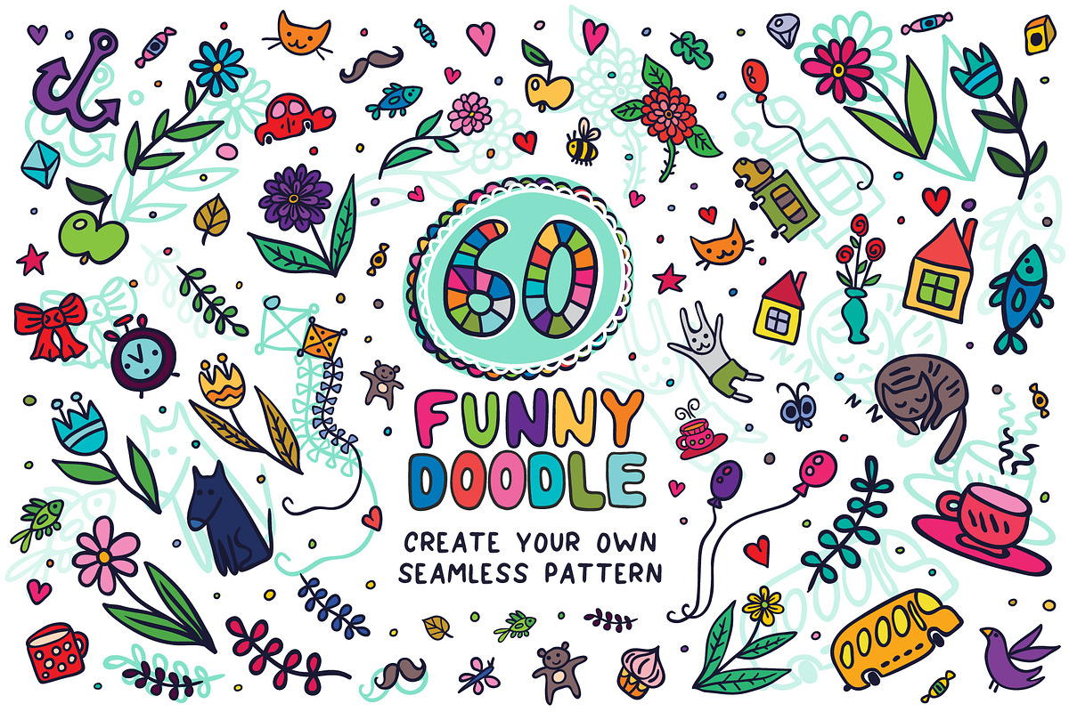 60 Funny Doodle + 14 Patterns, an Object Graphic by Apolinarias Art (Photo 1 of 9)