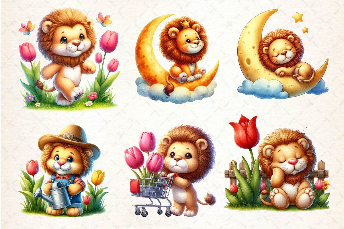 Watercolor Cute Spring Lion Clipart, an Illustration by Dream Creation (Photo 3 of 5)