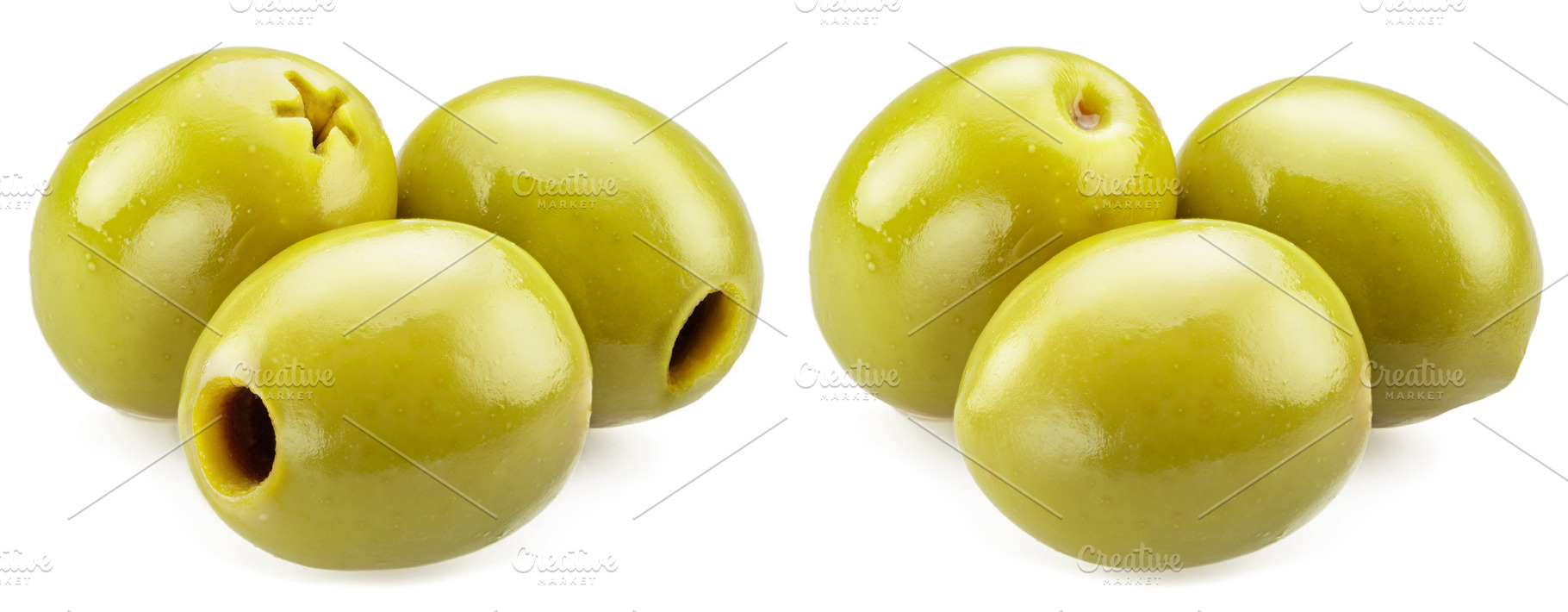 Green olives on a white background, a Food & Drink Photo by Volff