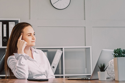 Pensive freelancer job considering confident woman, a Business Photo by Photo Drive Studio