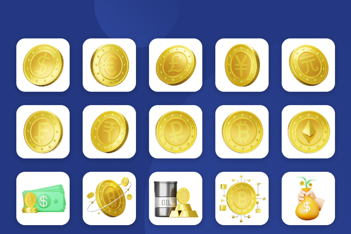 30 3D animated currency note icons.
