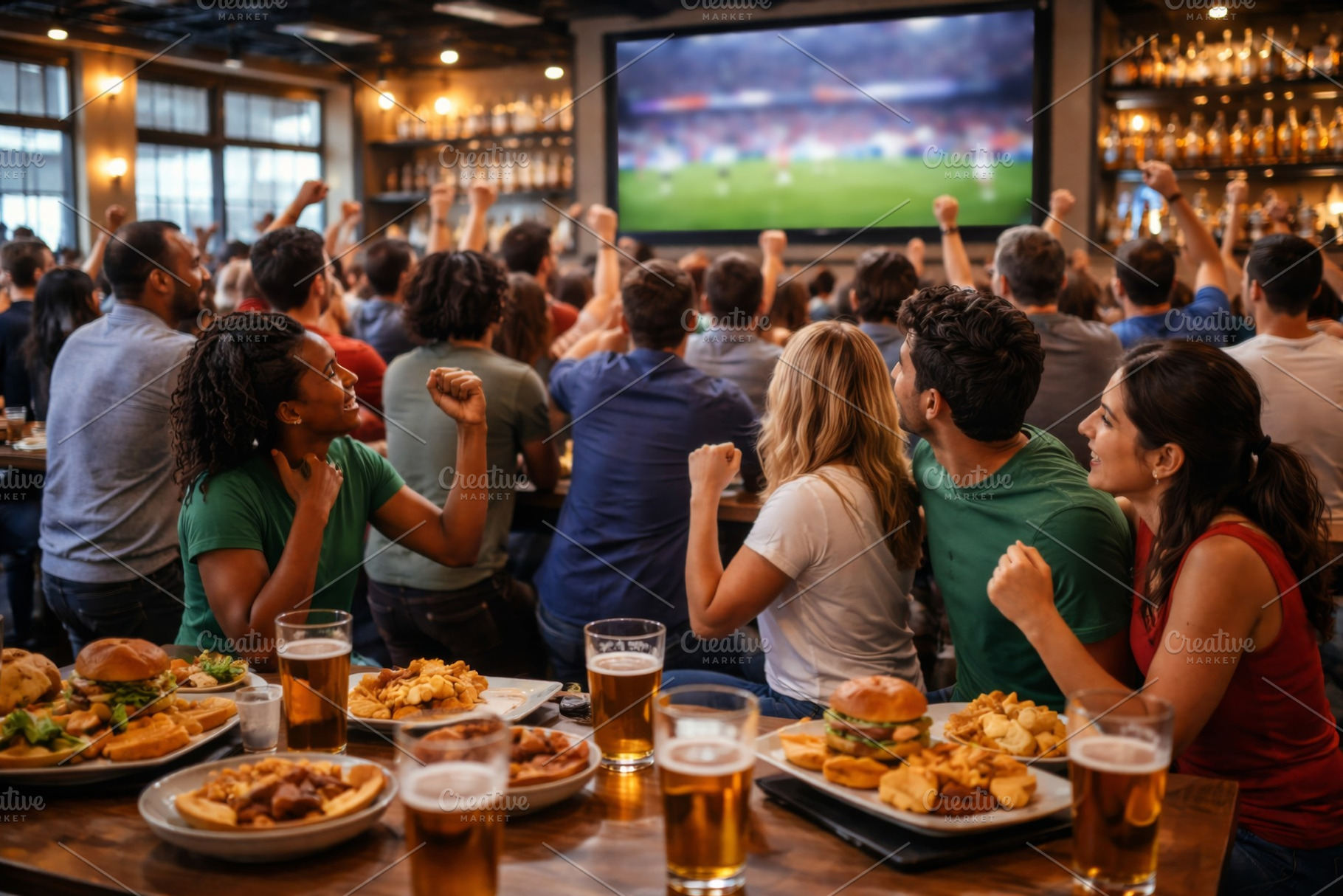 Football fans in a bar cheer for the, a Photo by Dvoevnore photos