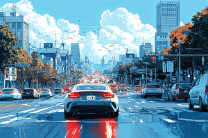 City street with cars and urban scenery under a sunny blue sky, a Photo by AS photostudio