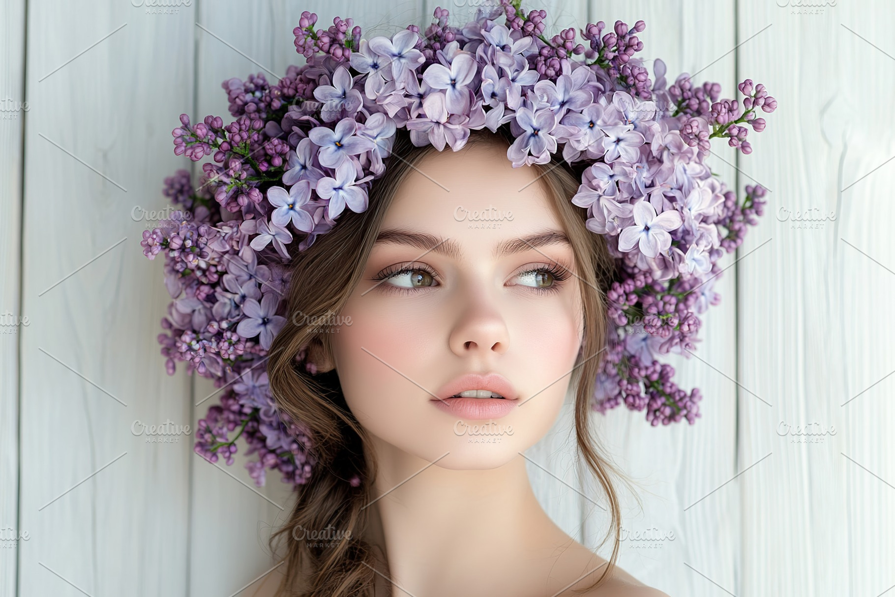 Beauty model girl with wreath on her head from purple lilac flowers, a Person Photo by AlyaAnd