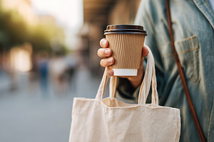 Young adult enjoys coffee while walking in urban area with reusable cup and clo, a Food & Drink Photo by AlyaAnd