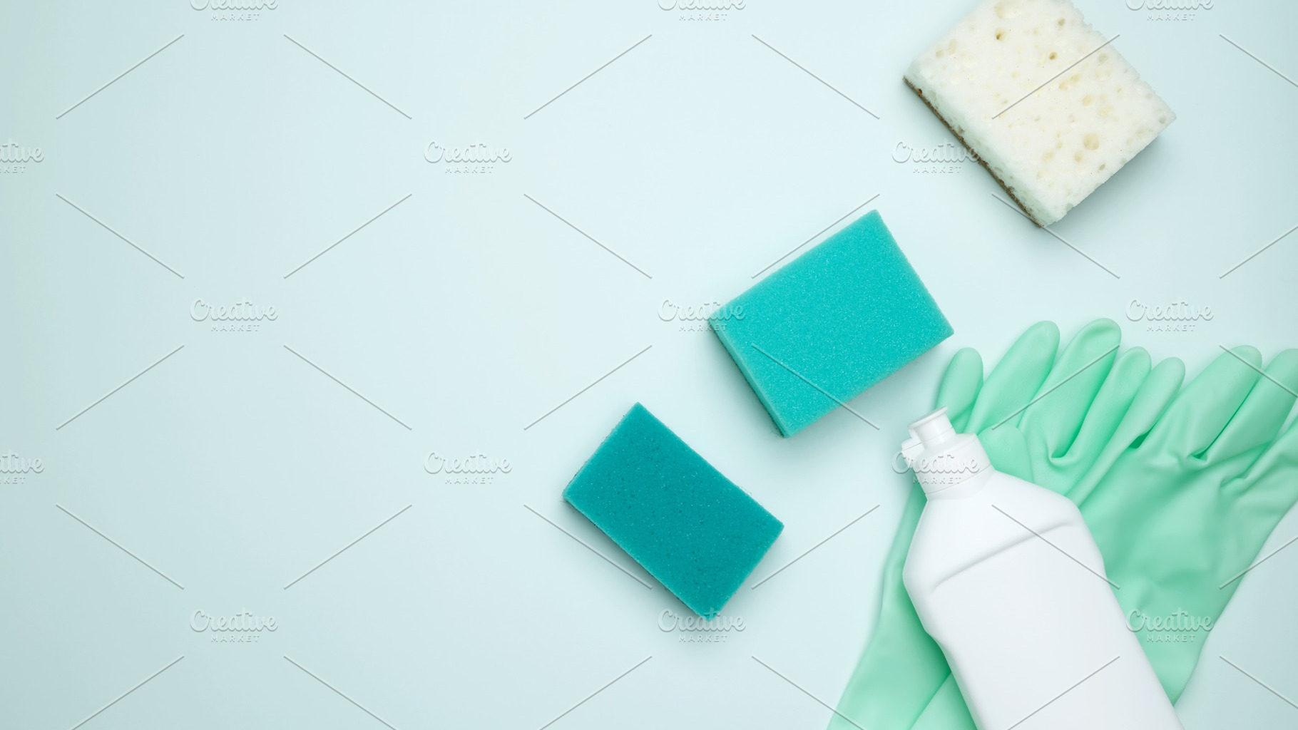 Concept of cleanliness and hygiene. Cleaning supplies and tools, including bott, a Photo by matucha