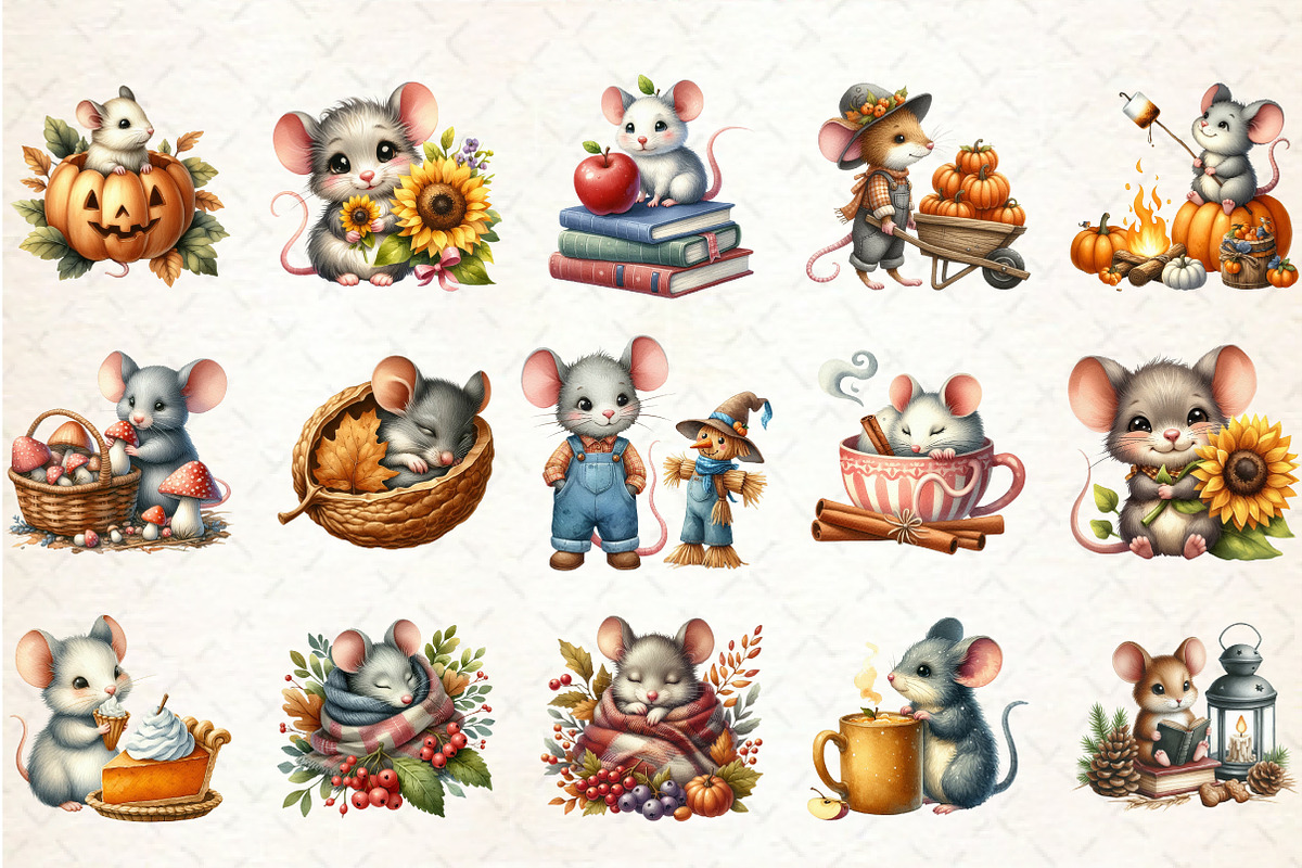 Watercolor Autumn Mouse Clipart, an Illustration by Rose Art (Photo 2 of 7)