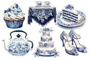 Blue Toile Watercolor Tea Party Set