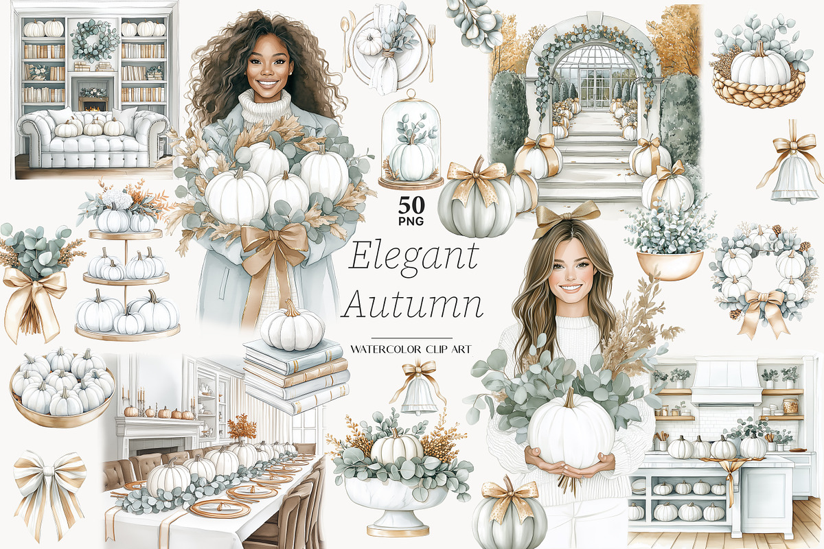 Elegant Autumn White Pumpkin Clipart, a Seasonal Illustration by GlamArtZhanna (Photo 1 of 8)