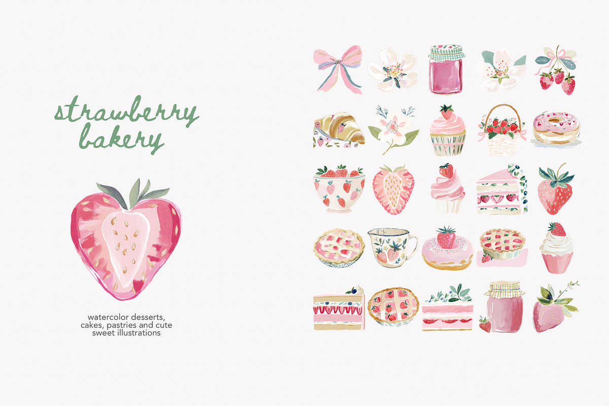 Watercolor strawberry clipart set, a Decorative Illustration by Patishop Art (Photo 4 of 10)