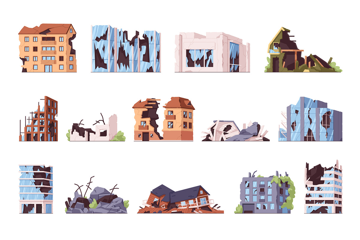 Broken ruined house buildings set, an Object Illustration by Good Studio (Photo 1 of 14)