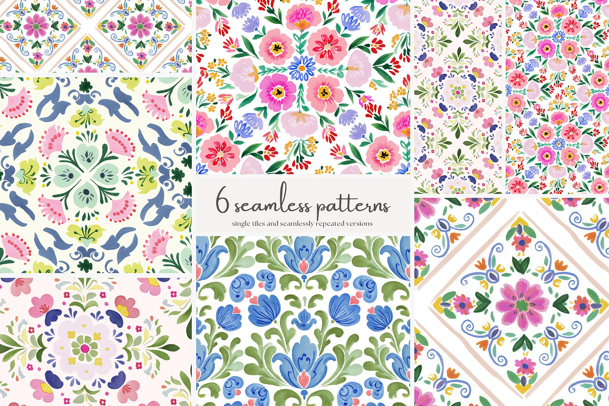 seamless floral folk pattern set