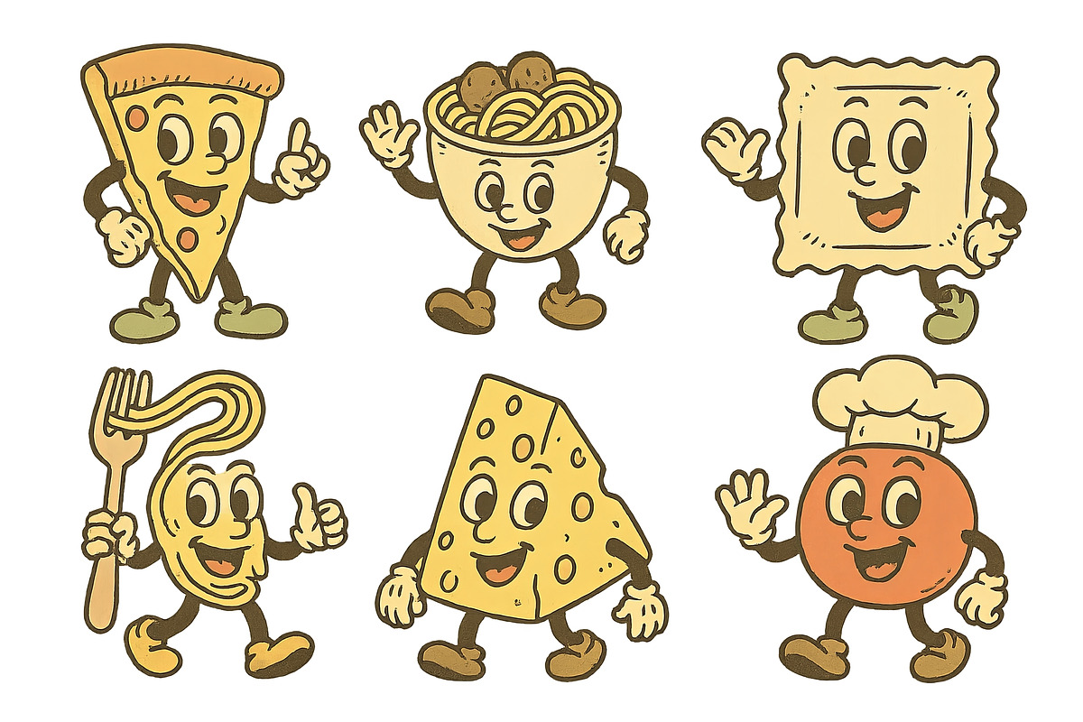 Vintage food mascots including pizza, an Illustration by Dvoevnore photos