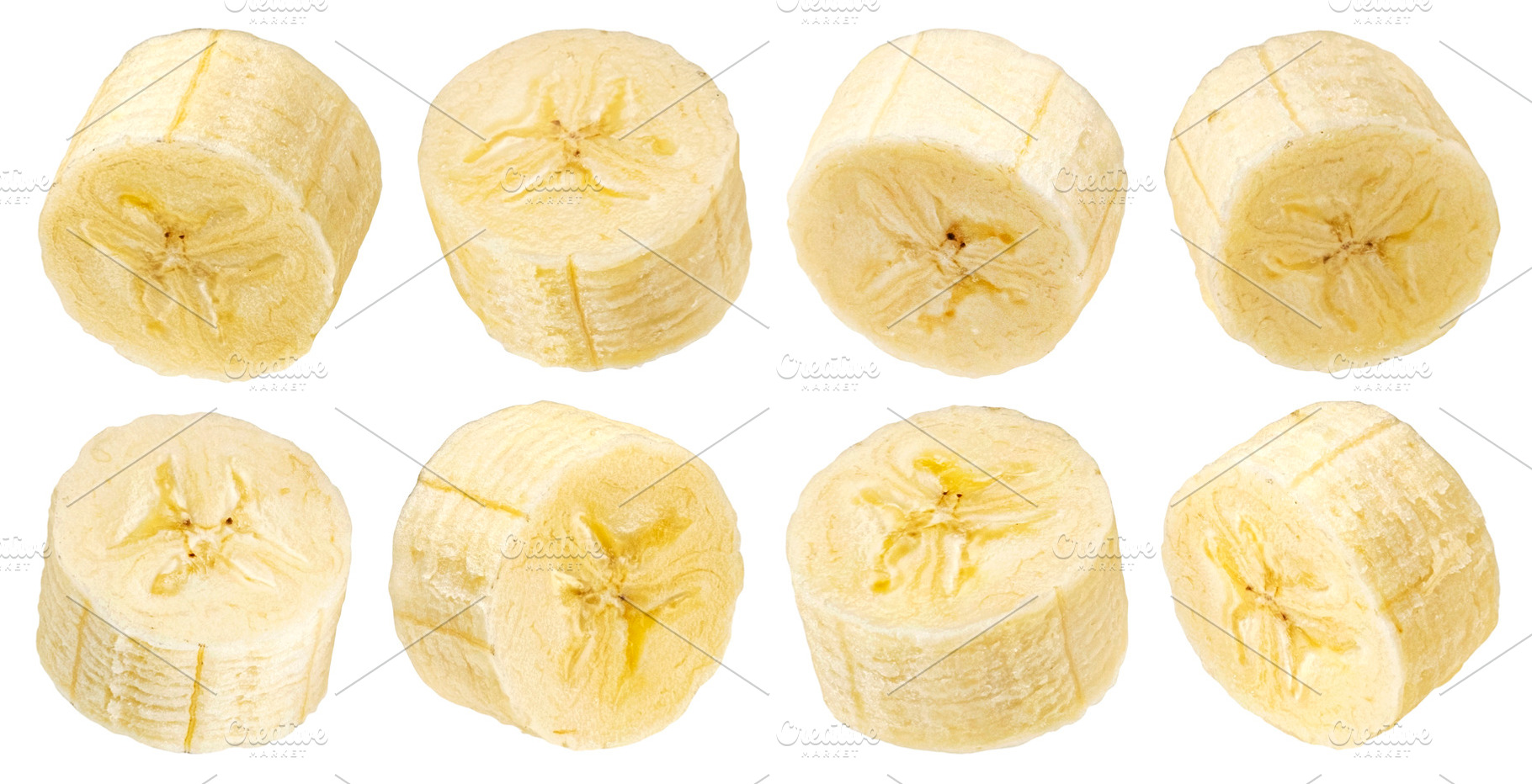 Peeled banana slices isolated, a Photo by Max Lashcheuski