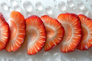 A vibrant arrangement of fresh strawberry slices glistening on a white surface,, a Background Photo by ImageMir
