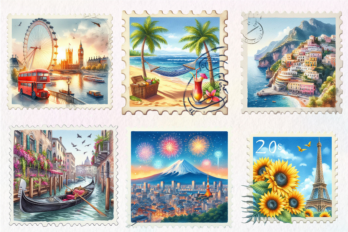 Summer Cites Postage Stamps Clipart, an Illustration by CreationArt (Photo 3 of 5)